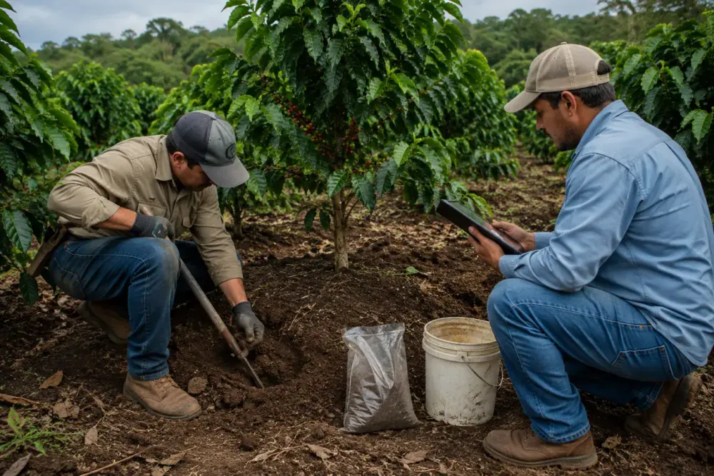 Produtor e técnico coletando amostra de solo em lavoura de café