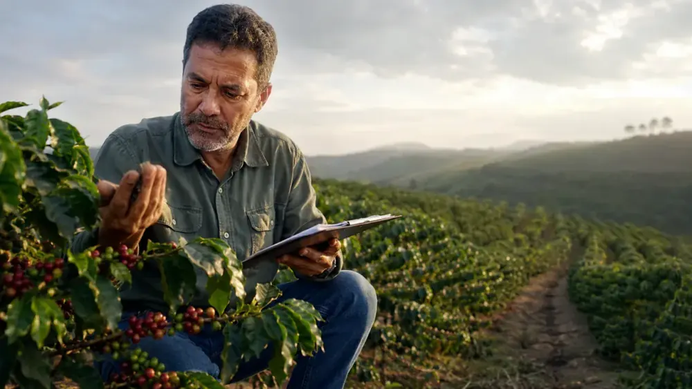 Produtor analisando grãos de café na lavoura com uma prancheta nas mãos